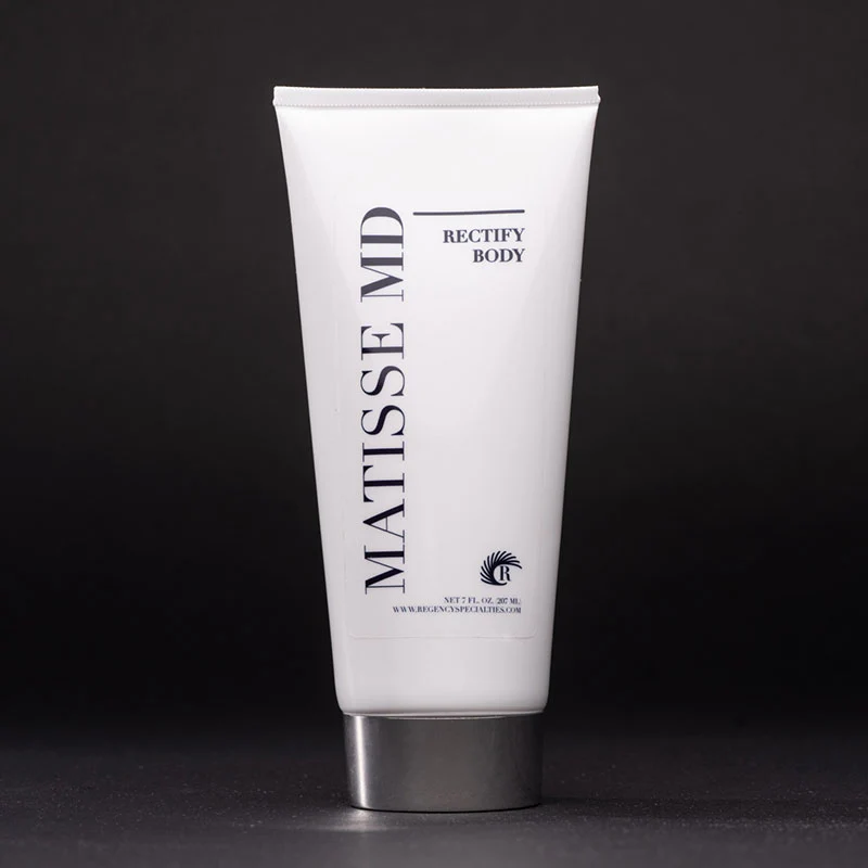 Matisse MD Rectify Body skincare tube with silver base on dark background